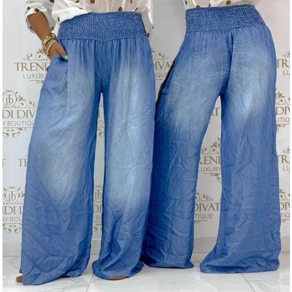 Wide elastic waist, thin denim palazzo pants with brown side stripe - Chocolate|Denim / Méret nélküli