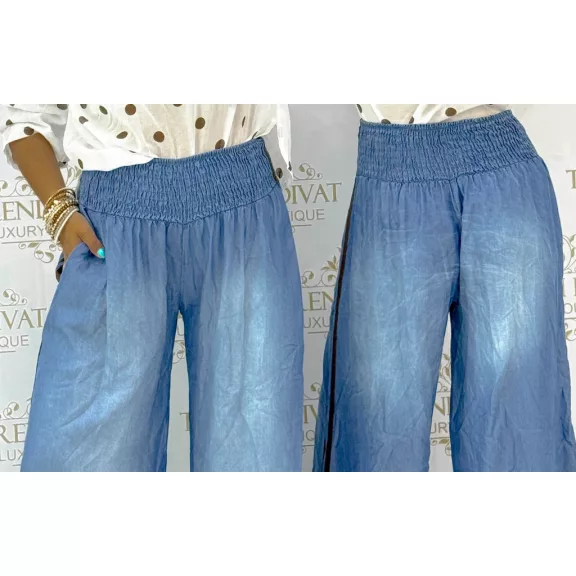 Wide elastic waist, thin denim palazzo pants with brown side stripe - Chocolate|Denim / Méret nélküli