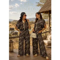   Women's leopard print two-piece ensemble with zip-up top and wide-leg pants - brown - Brown Leopard Print / Méret nélküli