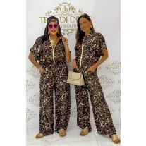   Women's leopard print two-piece ensemble with zip-up top and wide-leg pants - brown - Brown Leopard Print / Méret nélküli
