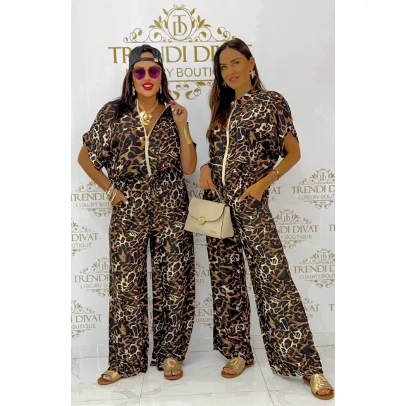 Women's leopard print two-piece ensemble with zip-up top and wide-leg pants - brown - Brown Leopard Print / Méret nélküli Women's leopard print two-piece ensemble with zip-up top and wide-leg pants - brown - Brown Leopard Print / Méret nélküli