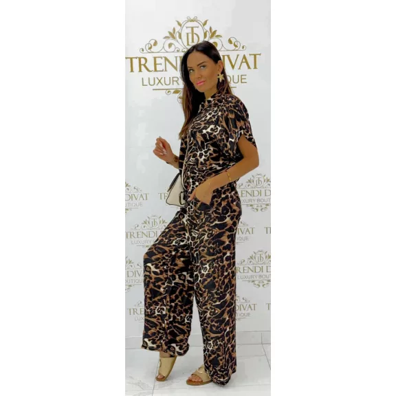 Women's leopard print two-piece ensemble with zip-up top and wide-leg pants - brown - Brown Leopard Print / Méret nélküli Women's leopard print two-piece ensemble with zip-up top and wide-leg pants - brown - Brown Leopard Print / Méret nélküli