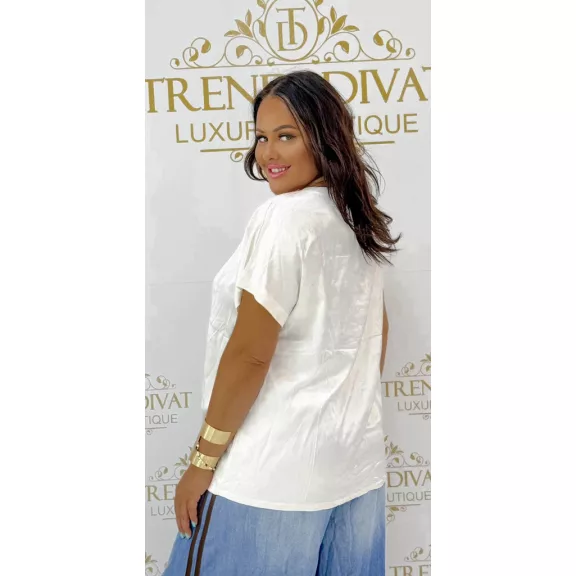 Women's v-neck satin top with 3D letter appliqué - White / Ekrü - White / Méret nélküli