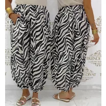 Laza gumis derekú és aljú zebra mintás buggyos nadrág