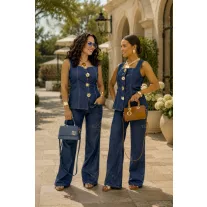   Square neck two-piece denim set - Women's ensemble with decorative buttons "Z1288-A#" - XS/S