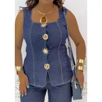   Square neck two-piece denim set - Women's ensemble with decorative buttons "Z1288-A#" - XS/S