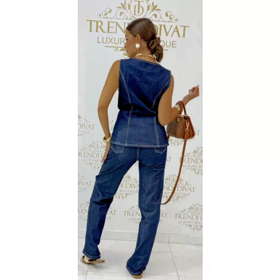 Square neck two-piece denim set - Women's ensemble with decorative buttons "Z1288-A#" - M/L