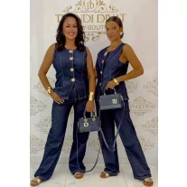   Round neck two-piece denim set - Women's ensemble with decorative buttons "Z1286-A#" - S/M