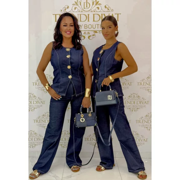 Round neck two-piece denim set - Women's ensemble with decorative buttons "Z1286-A#" - L/XL