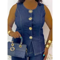   Round neck two-piece denim set - Women's ensemble with decorative buttons "Z1286-A#" - S/M