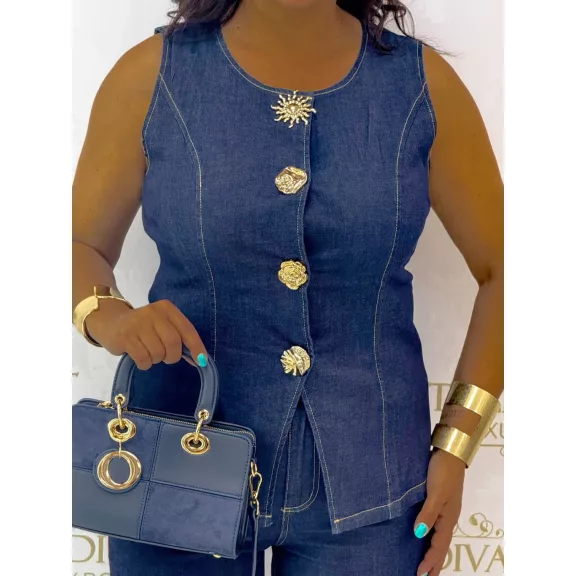 Round neck two-piece denim set - Women's ensemble with decorative buttons "Z1286-A#" - L/XL
