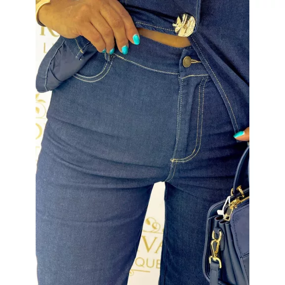 Round neck two-piece denim set - Women's ensemble with decorative buttons "Z1286-A#" - L/XL