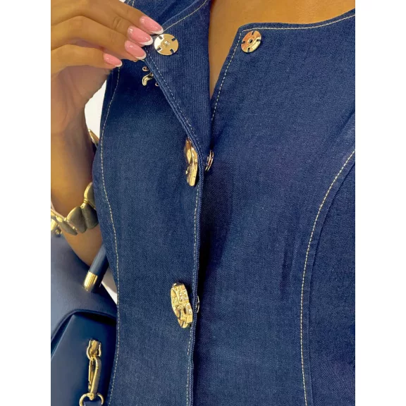 Round neck two-piece denim set - Women's ensemble with decorative buttons "Z1286-A#" - L/XL