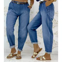   Dark blue elastic waist, soft fit women's jeans, with gift belt - Denim / Méret nélküli