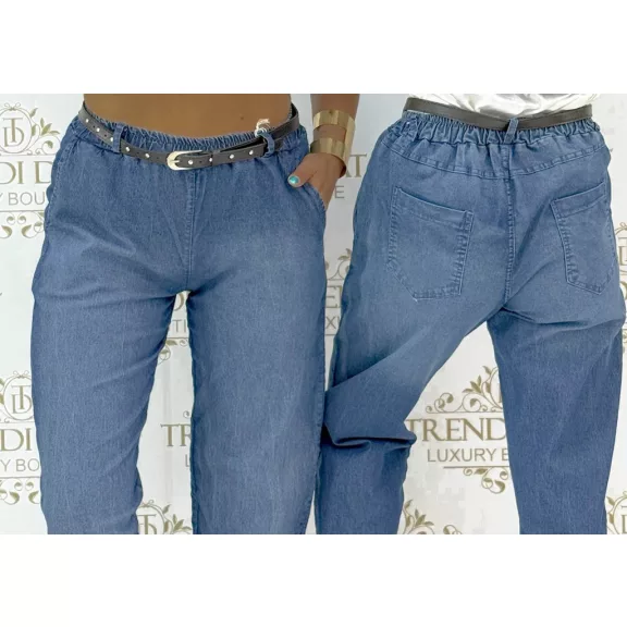 Dark blue elastic waist, soft fit women's jeans, with gift belt - Denim / Méret nélküli