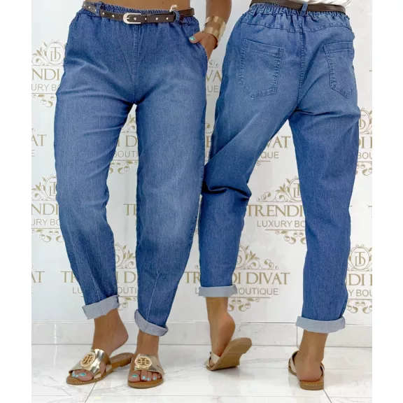 Dark blue elastic waist, soft fit women's jeans, with gift belt - Denim / Méret nélküli