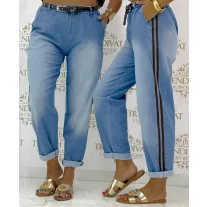  Women's jeans with an elasticated waist - Blue pants with side stripes, with a belt - Chocolate|Denim / Méret nélküli