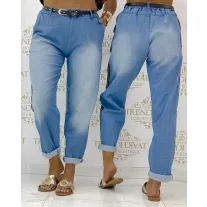   Women's jeans with an elasticated waist - Blue pants with side stripes, with a belt - Chocolate|Denim / Méret nélküli