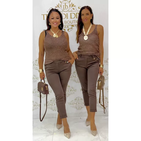 Lurex fiber knitted women's top - Sparkly sleeveless top - Chocolate