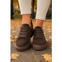   Bordázott talpú női velúr sportcipő – Csoki barna színű, platform fűzős sneaker - Csoki barna - 39