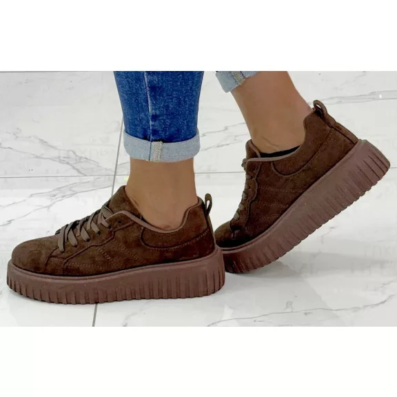 Bordázott talpú női velúr sportcipő – Csoki barna színű, platform fűzős sneaker - Csoki barna - 36