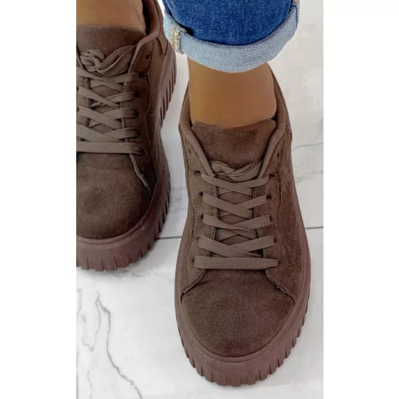 Bordázott talpú női velúr sportcipő – Csoki barna színű, platform fűzős sneaker - Csoki barna - 36