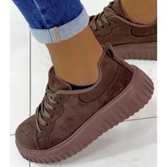 Bordázott talpú női velúr sportcipő – Csoki barna színű, platform fűzős sneaker - Csoki barna - 36