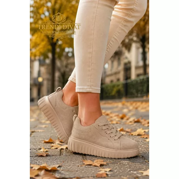 Bordázott talpú női velúr sportcipő – Bézs színű, platform fűzős sneaker - Bézs - 39 Bordázott talpú női velúr sportcipő – Bézs színű, platform fűzős sneaker - Bézs - 39