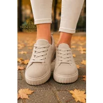   Bordázott talpú női velúr sportcipő – Bézs színű, platform fűzős sneaker - Bézs - 39