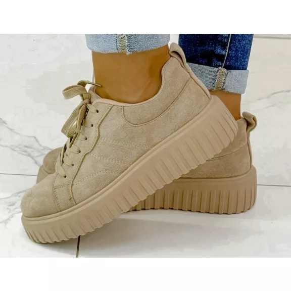 Bordázott talpú női velúr sportcipő – Bézs színű, platform fűzős sneaker - Bézs - 39 Bordázott talpú női velúr sportcipő – Bézs színű, platform fűzős sneaker - Bézs - 39