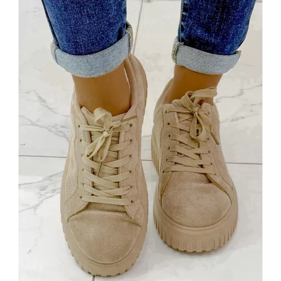 Bordázott talpú női velúr sportcipő – Bézs színű, platform fűzős sneaker - Bézs - 39 Bordázott talpú női velúr sportcipő – Bézs színű, platform fűzős sneaker - Bézs - 39