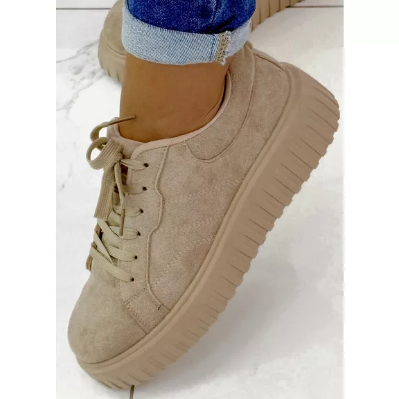 Bordázott talpú női velúr sportcipő – Bézs színű, platform fűzős sneaker - Bézs - 39 Bordázott talpú női velúr sportcipő – Bézs színű, platform fűzős sneaker - Bézs - 39