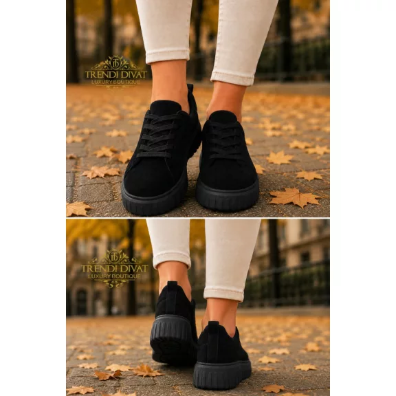 Bordázott talpú női velúr sportcipő – Fekete színű, platform fűzős sneaker - Fekete - 39