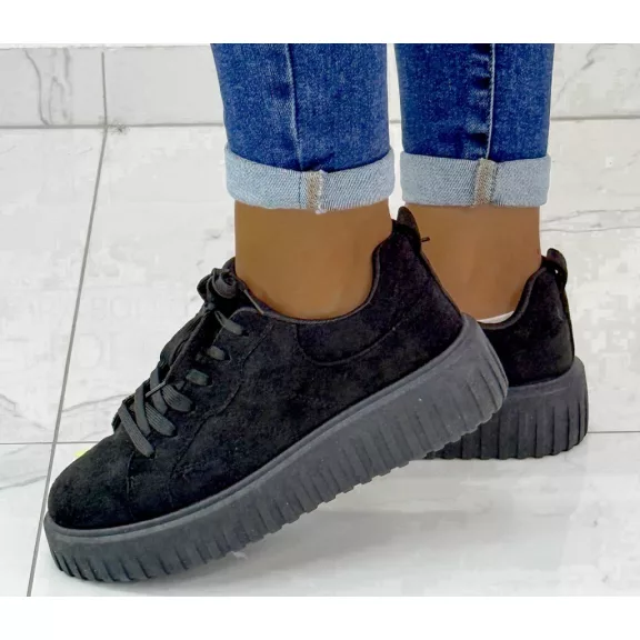 Bordázott talpú női velúr sportcipő – Fekete színű, platform fűzős sneaker - Fekete - 39
