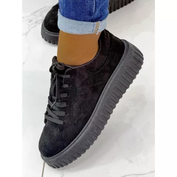 Bordázott talpú női velúr sportcipő – Fekete színű, platform fűzős sneaker - Fekete - 39