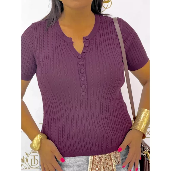 Women's twisted pattern knitted top with button neckline "CV6869" - Burgundy
