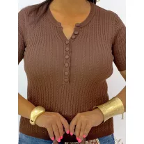   Women's twisted pattern knitted top with button neckline "CV6869" - Chocolate