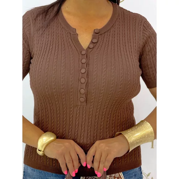 Women's twisted pattern knitted top with button neckline "CV6869" - Chocolate