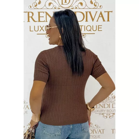 Women's twisted pattern knitted top with button neckline "CV6869" - Chocolate
