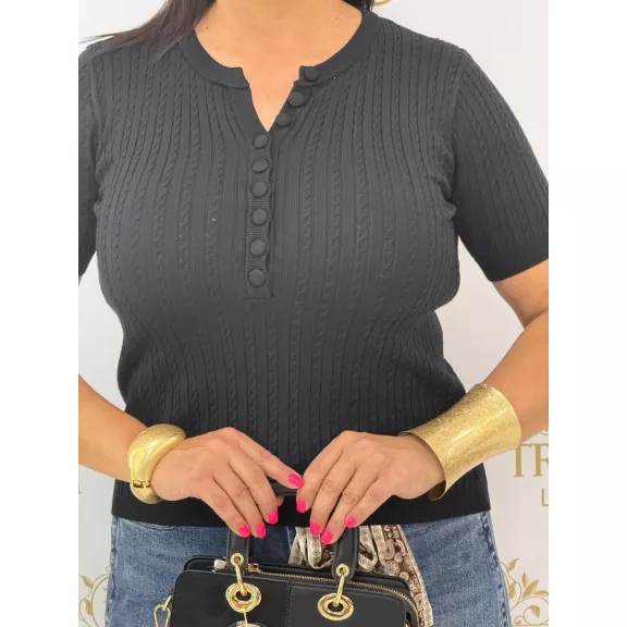 Women's twisted pattern knitted top with button neckline "CV6869" - Black