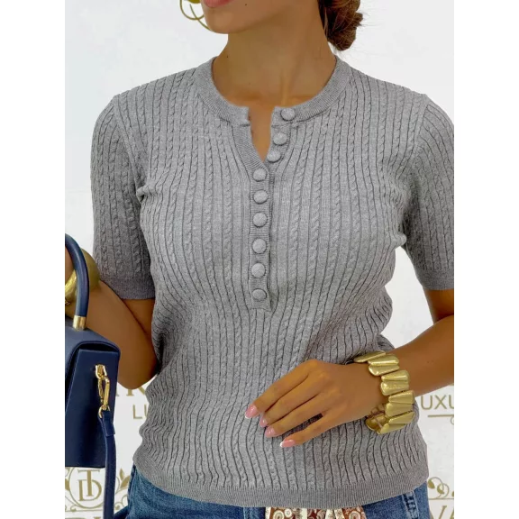 Women's twisted pattern knitted top with button neckline "CV6869" - Black
