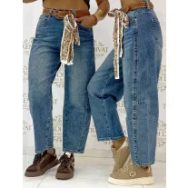   Mom fit women's blue jeans with decorative stitching and gift belt "BG1723-H" - M