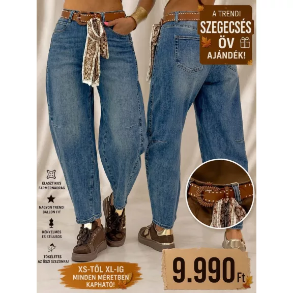 Mom fit women's blue jeans with decorative stitching and gift belt "BG1723-H" - L