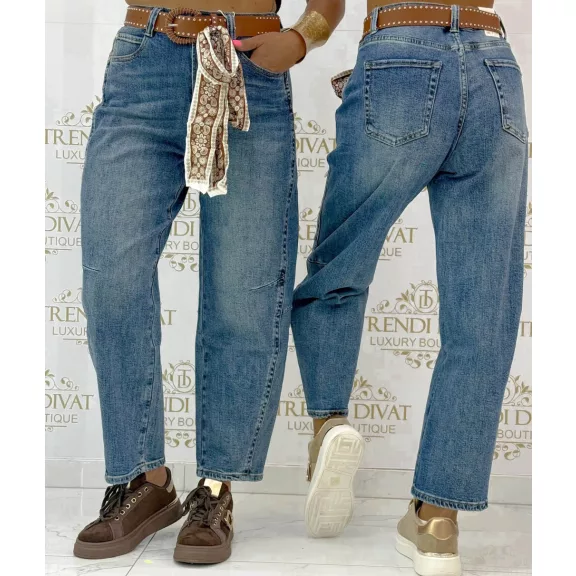 Mom fit women's blue jeans with decorative stitching and gift belt "BG1723-H" - L