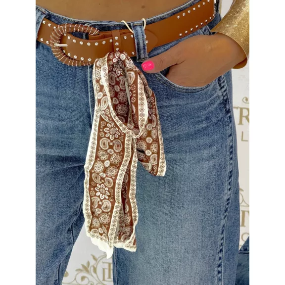 Mom fit women's blue jeans with decorative stitching and gift belt "BG1723-H" - L