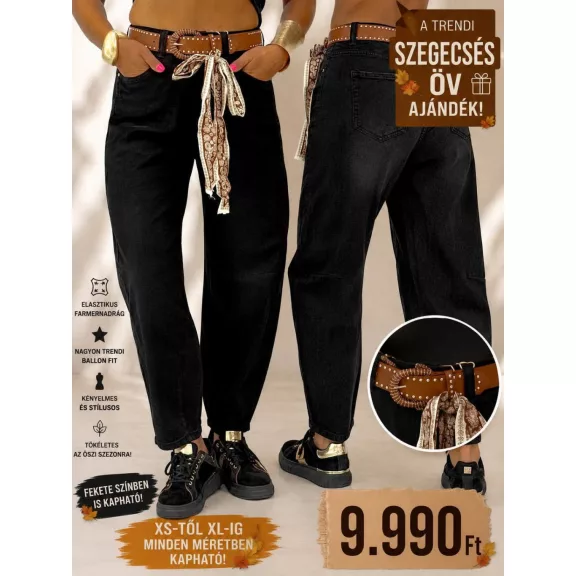Black mom fit women's jeans with decorative stitching and gift belt "BG1723-13" - S