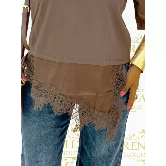 Women's T-shirt "TY-539#" loose fit with lace bottom - Chocolate