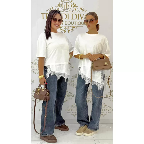 Women's T-shirt "TY-539#" loose fit with lace bottom - White