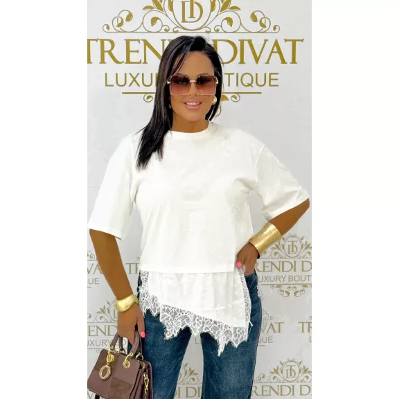 Women's T-shirt "TY-539#" loose fit with lace bottom - White