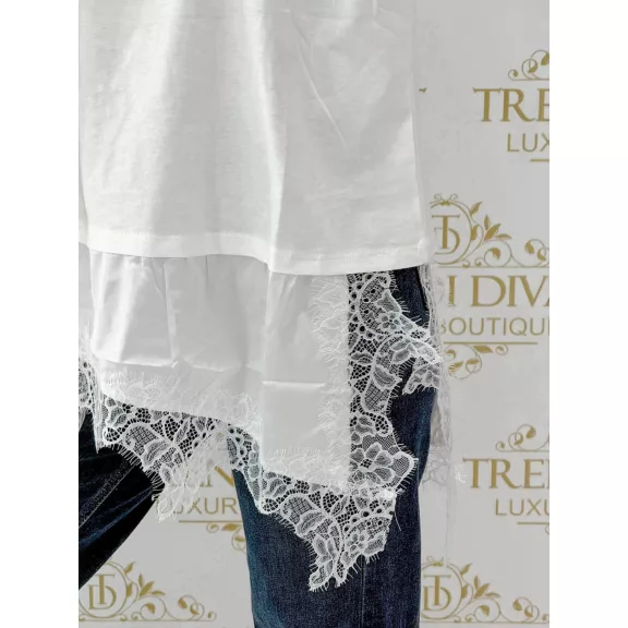 Women's T-shirt "TY-539#" loose fit with lace bottom - White